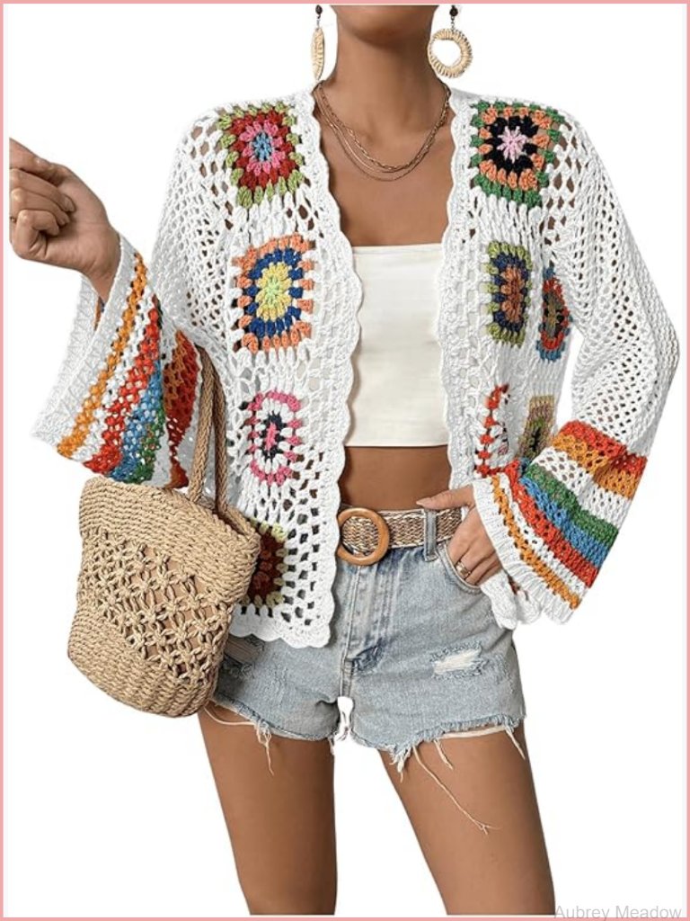 Floral Crochet Cardigan Open Front Long Sleeve V-Neck Loose Sweater Lightweight